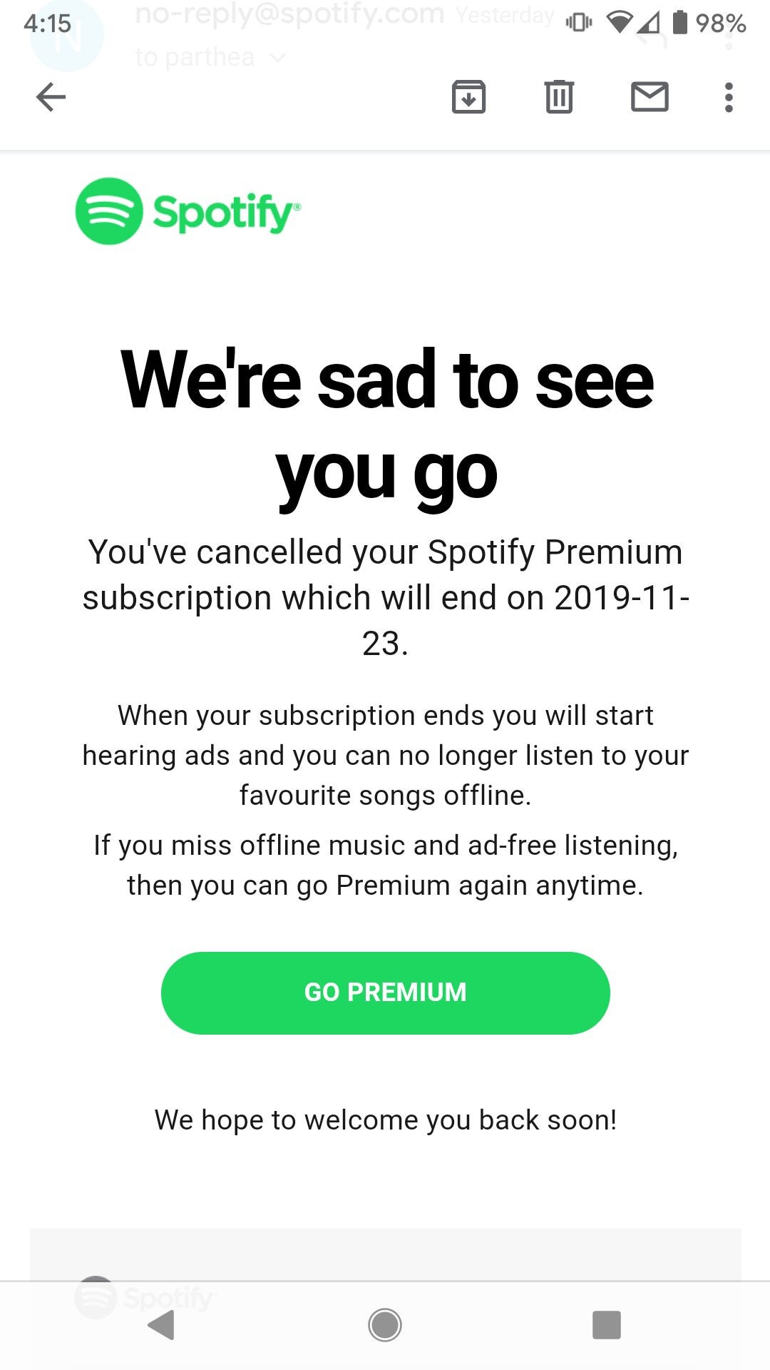 if i cancel spotify premium trial early