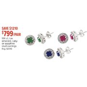 1.14 Ct. t.w. Emerald, Ruby Or Sapphire Stud Earrings - $799.00/Pair ($1210.00 off)